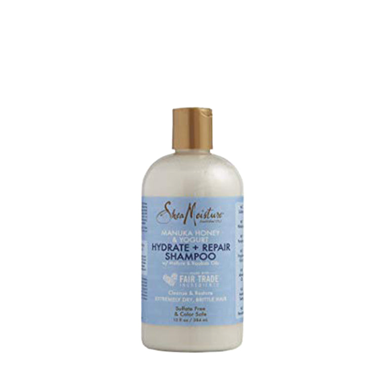 Shea Moisture hydrate repair shampoo bottle Manuka Honey and Yogurt blue label gold cap for dry damaged hair