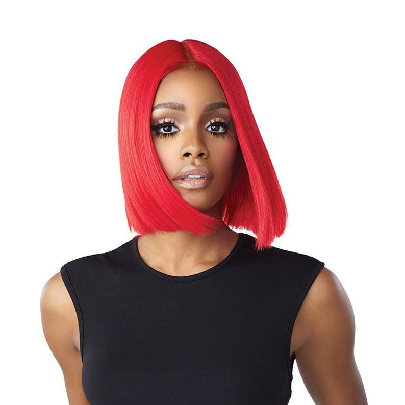 SENSATIONNEL hd lace front wig red sleek straight blunt bob with center part on model