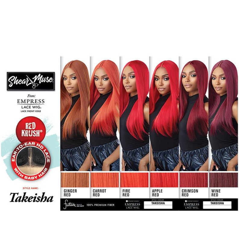 SENSATIONNEL red HD lace front wig display showing six red shade variations on model Takeisha style