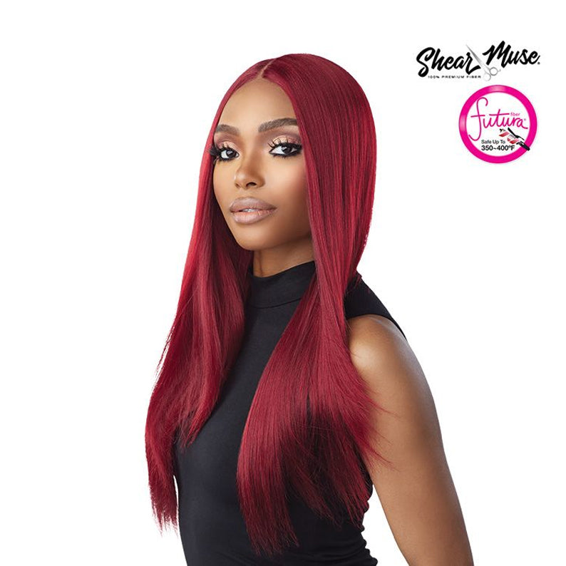 SENSATIONNEL model wearing sleek middle part red HD lace front wig long straight silky look