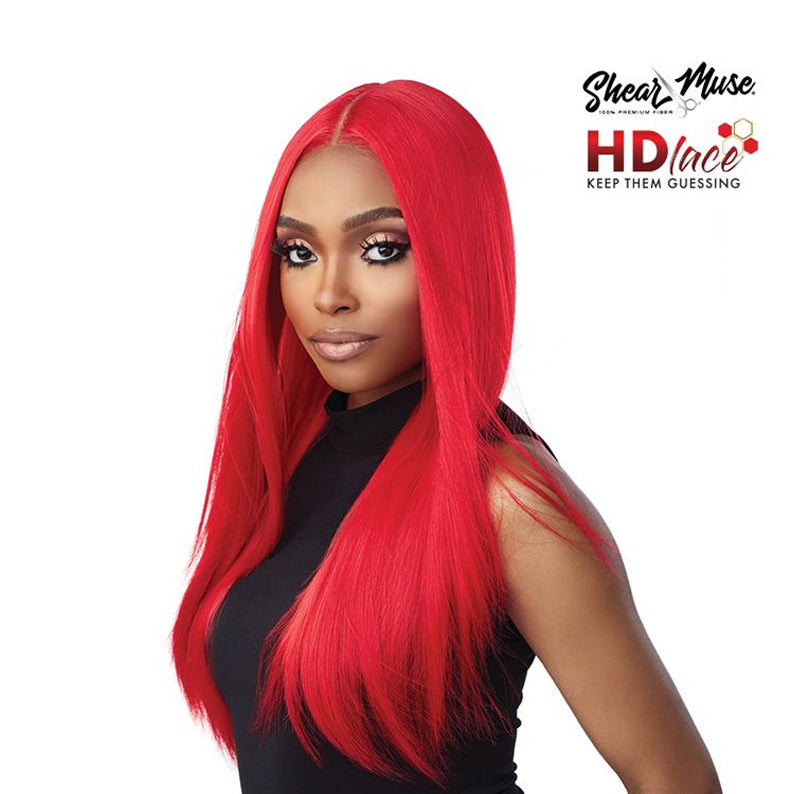 Sensationnel red HD lace front wig long straight silky center part vibrant red color on model