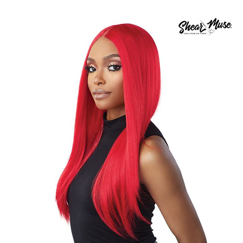 SENSATIONNEL red HD lace front wig long straight center part sleek vibrant red on model