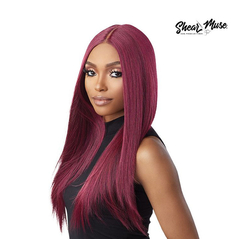SENSATIONNEL red HD lace front wig long straight center part burgundy shade on model