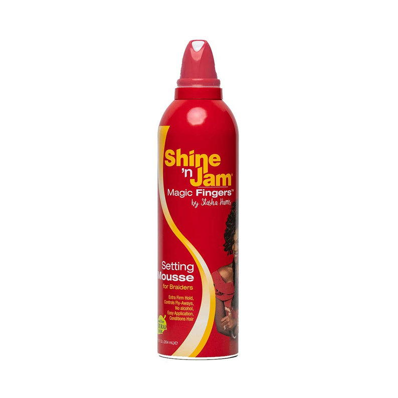 AMPRO Shine n Jam Setting Mousse for Braids in red bottle for firm hold and flyaway control