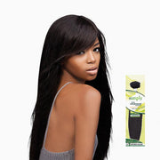 OUTRE model wearing long natural black brazilian human hair weave natural straight with side bangs and product packaging