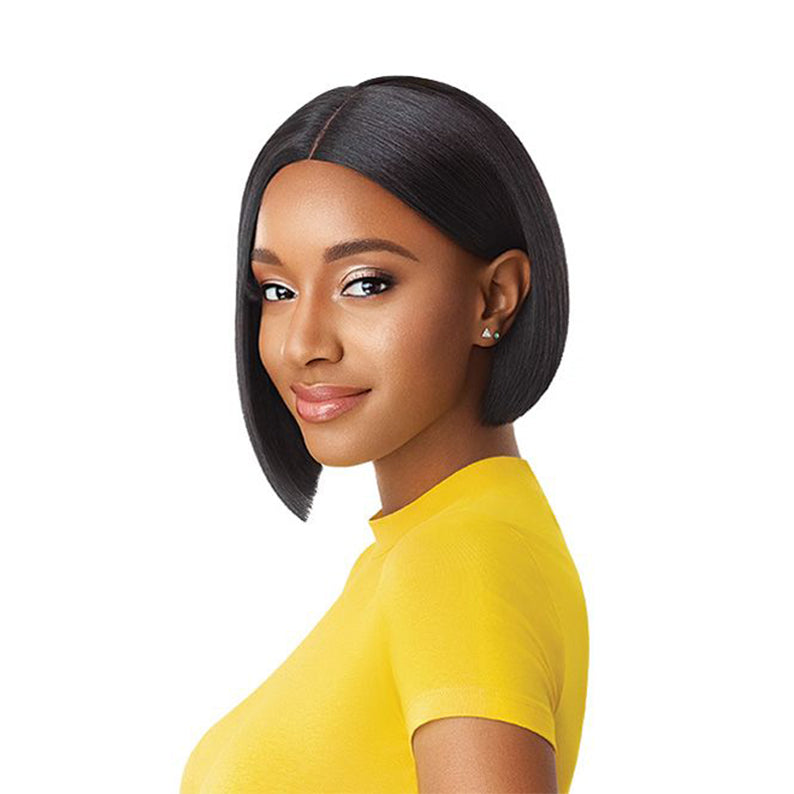 OUTRE synthetic lace front wig sleek straight center part short bob on model in yellow top