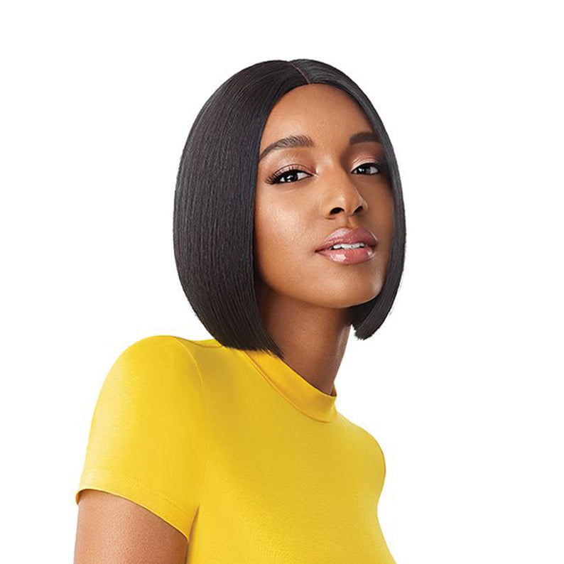 OUTRE synthetic lace front wig sleek straight chin length bob with center part in natural black