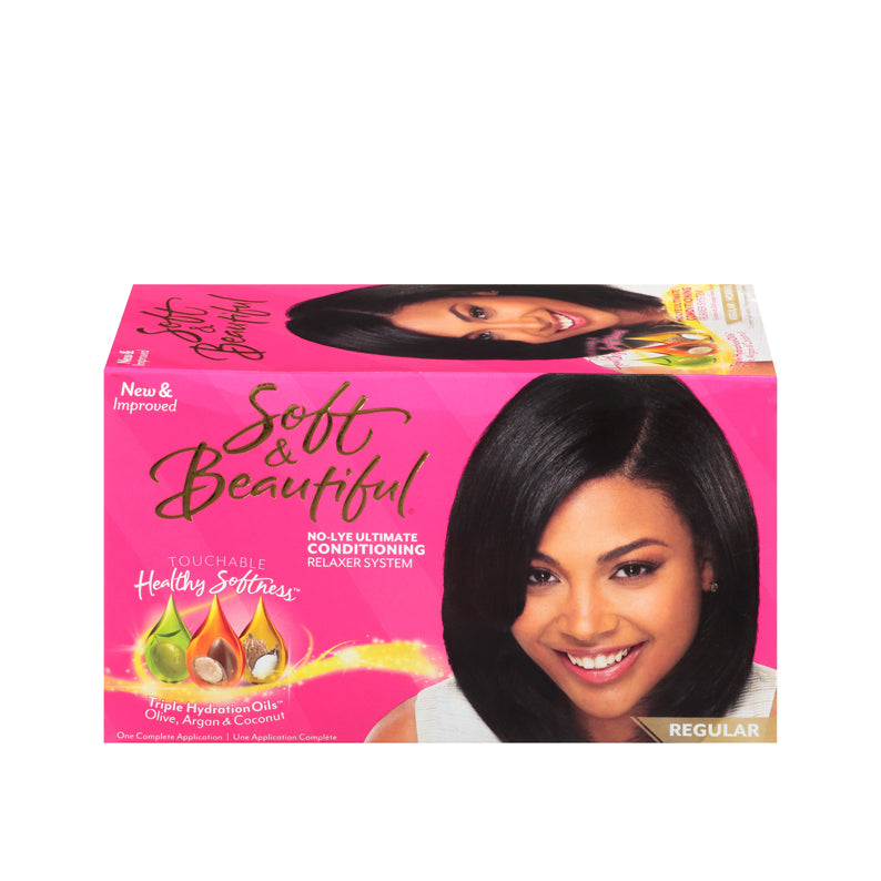 Soft and Beautiful no-lye hair relaxer kit box with smiling woman and conditioning oil droplets