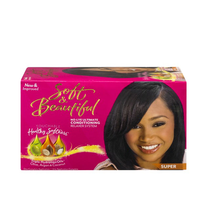 Soft and Beautiful no-lye hair relaxer kit box with smiling woman, triple hydration oils, super
