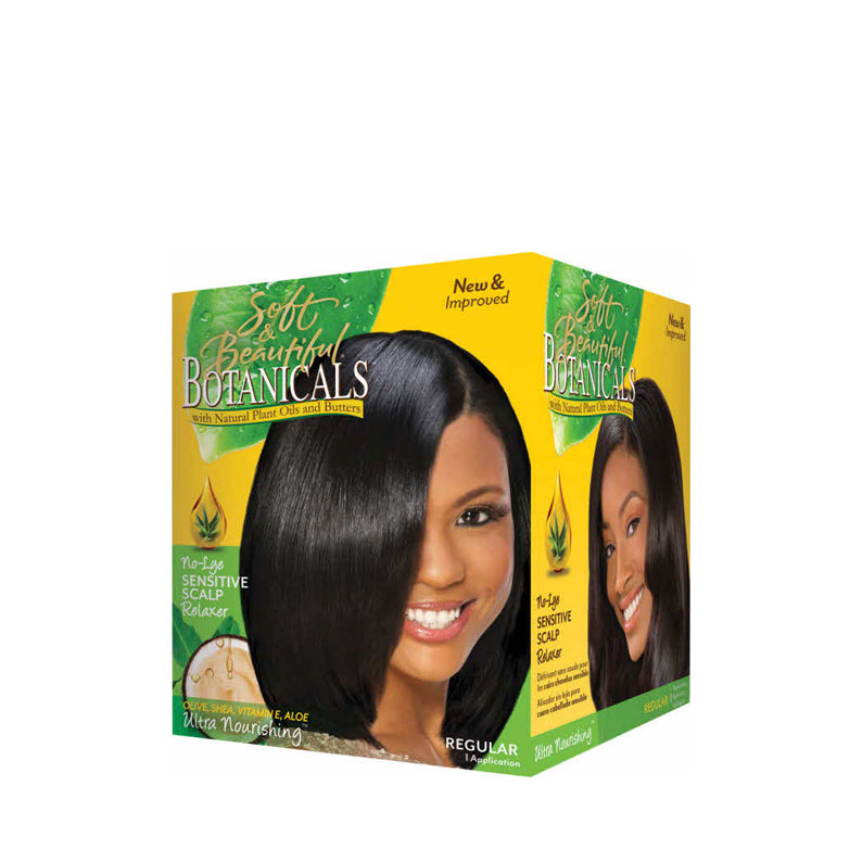 Soft and Beautiful Botanicals sensitive scalp relaxer kit box showing smiling woman with sleek straight hair