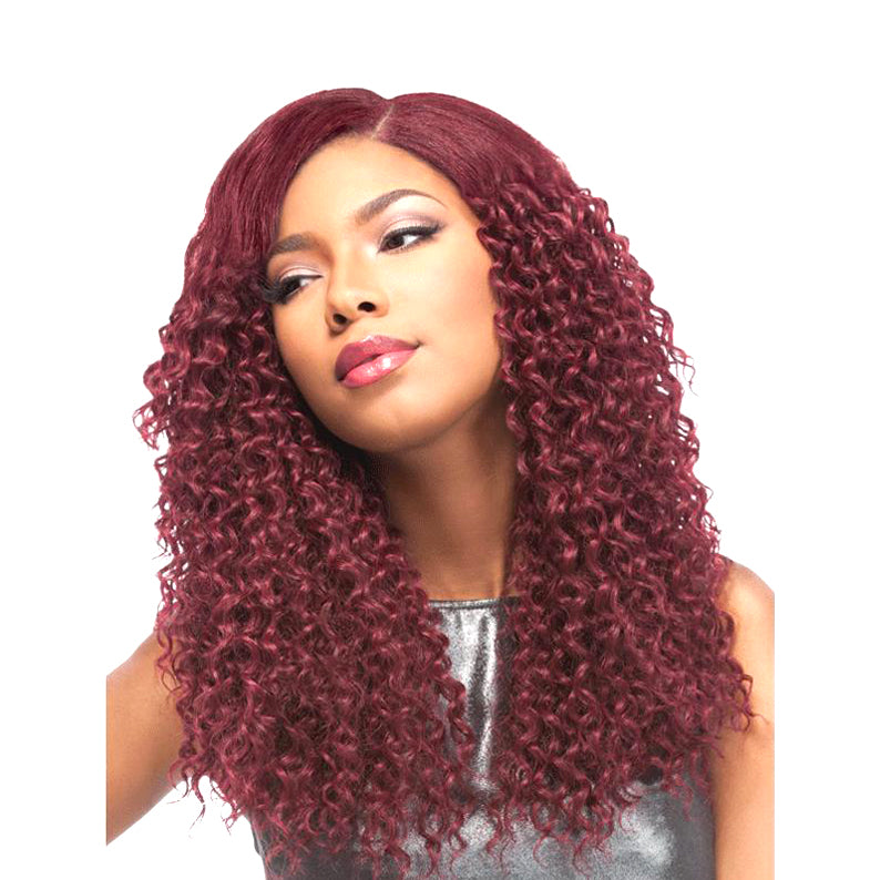 Sensationnel soft jerry curl wig in burgundy with voluminous natural curls and middle part