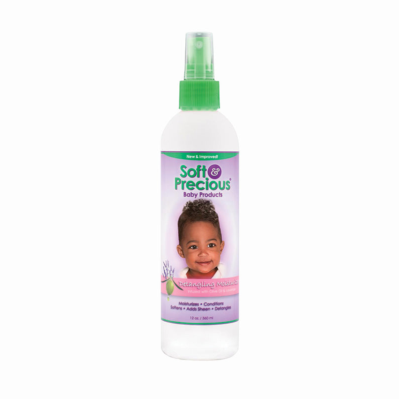Soft and Precious baby detangling moisturizer for kids spray bottle with green cap and baby photo label