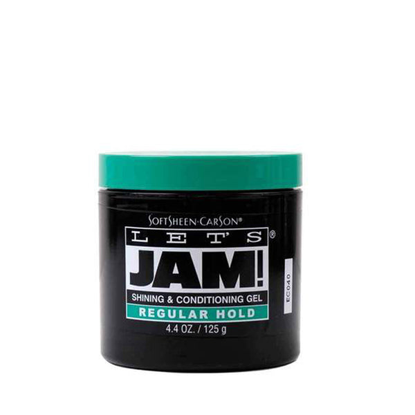 Let’s Jam conditioning gel in a 4.4 oz jar for regular hold with shine and moisturizing benefits