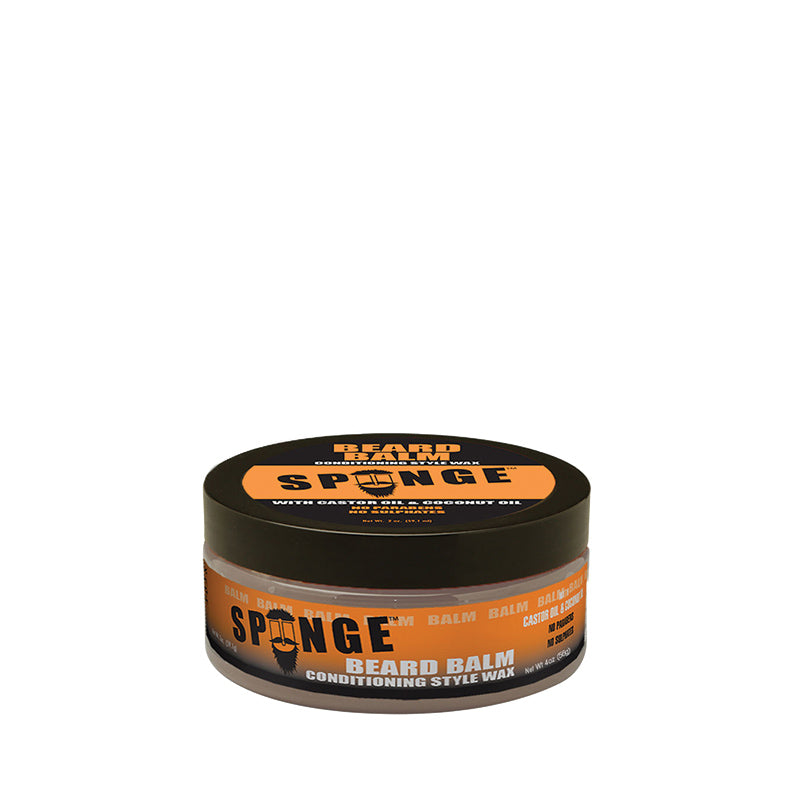 SPUNGE beard balm for men in orange jar with black lid conditioning style wax for beard grooming