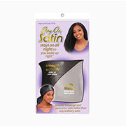 Stay On Satin packaging showing black satin hair scarf with smooth outside and soft inside for overnight hair protection