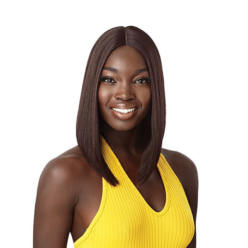OUTRE synthetic lace front wig 14 inch straight chestnut brown bob with center part natural look