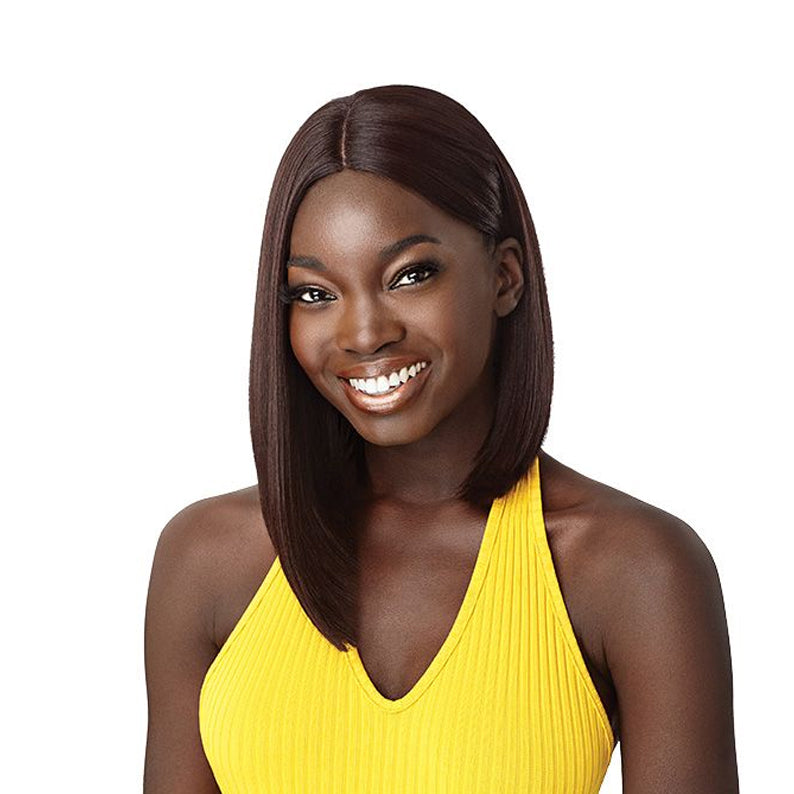 OUTRE synthetic lace front wig 14 inch straight chestnut bob with center part and natural hairline for everyday wear