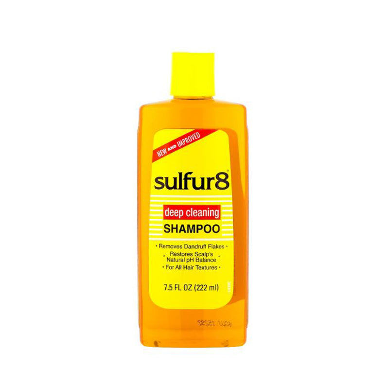SULFUR8 deep cleaning shampoo amber bottle with yellow cap and label for dandruff removal 7.5 fl oz