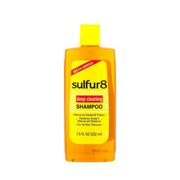 SULFUR8 deep cleaning shampoo amber bottle with yellow cap and label for dandruff removal 7.5 fl oz
