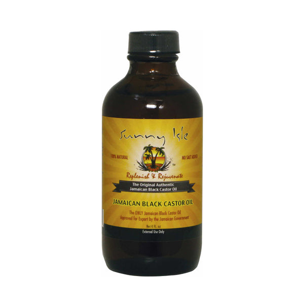 Sunny Isle Jamaican black castor oil amber bottle with yellow label and black cap for hair care and growth