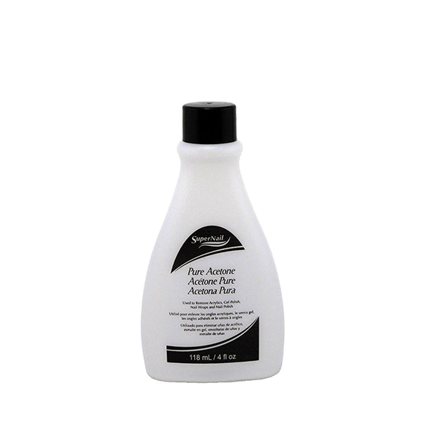 Supernail pure acetone nail polish remover in 118 ml white bottle with black cap