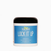 Taliah Waajid Black Earth Lock It Up gel hair styling jar with blue label and black lid for defining locs