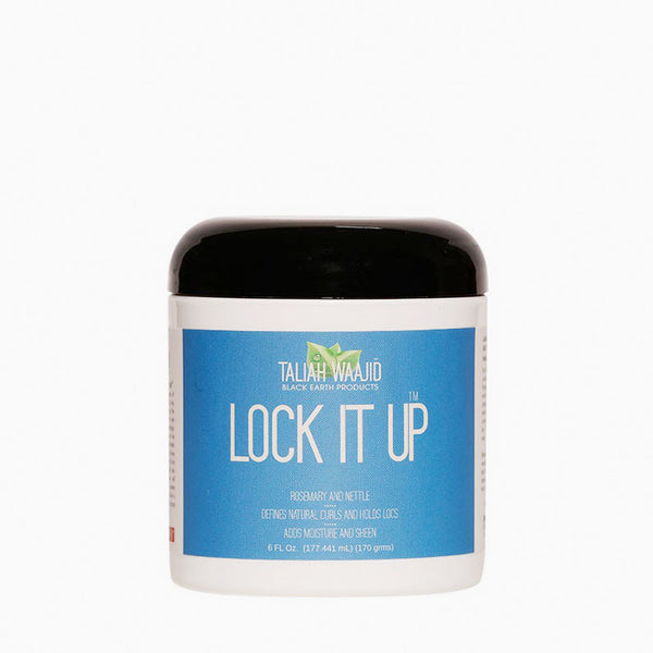 Taliah Waajid Black Earth Lock It Up gel hair styling jar with blue label and black lid for defining locs