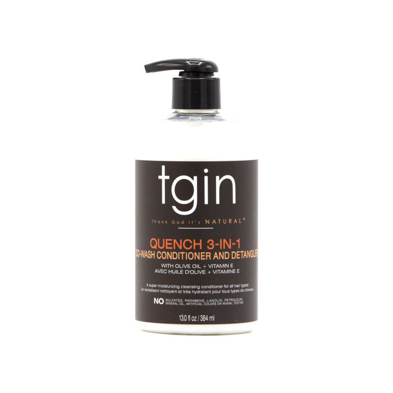 TGIN 3-in-1 co-wash conditioner Quench white pump bottle labeled tgin for moisturizing detangling hair care