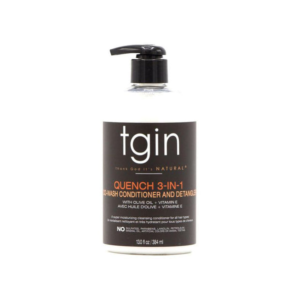 TGIN 3-in-1 co-wash conditioner Quench white pump bottle labeled tgin for moisturizing detangling hair care