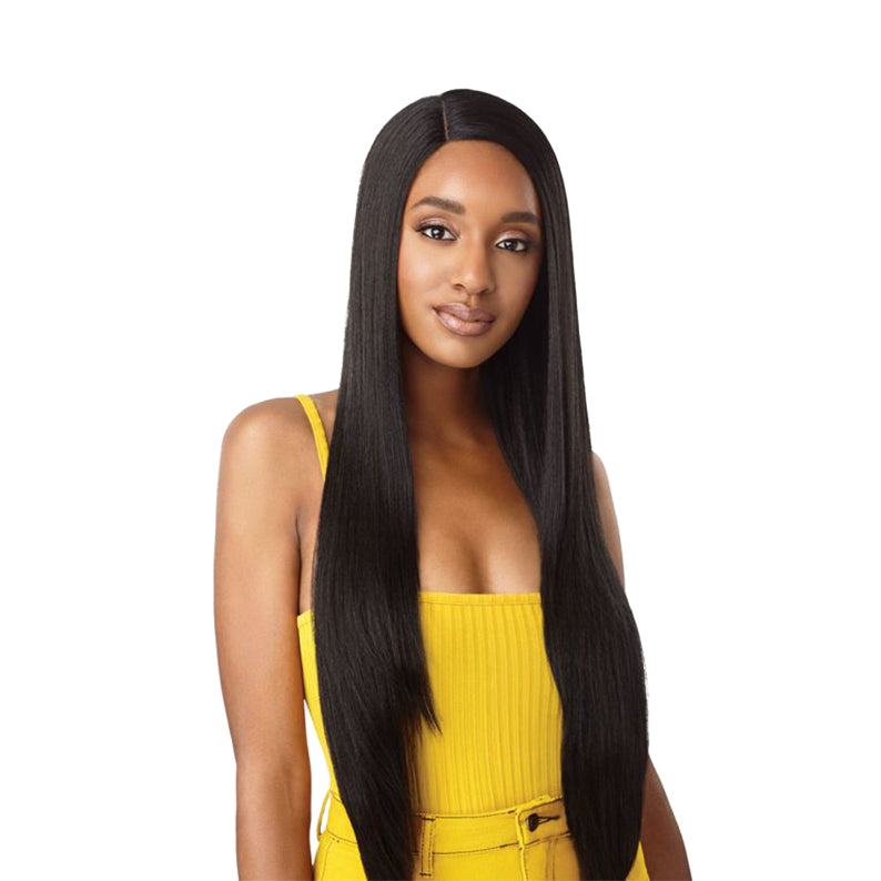 OUTRE 34 inch synthetic lace front wig sleek long straight middle part natural black worn by model
