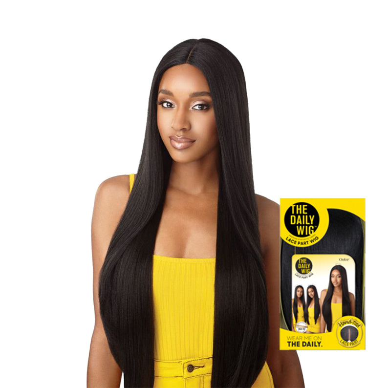 OUTRE 34 inch synthetic lace front wig long straight black center part on model wearing yellow dress