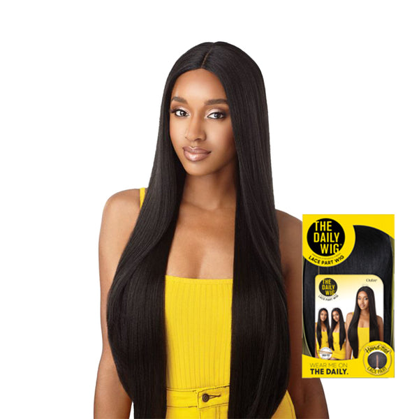 OUTRE 34 inch synthetic lace front wig long straight black center part on model wearing yellow dress