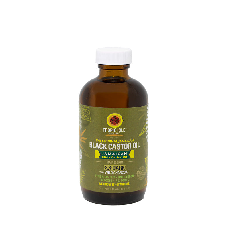 Tropic Isle Living jamaican black castor oil xx dark in amber glass bottle with green label and white cap