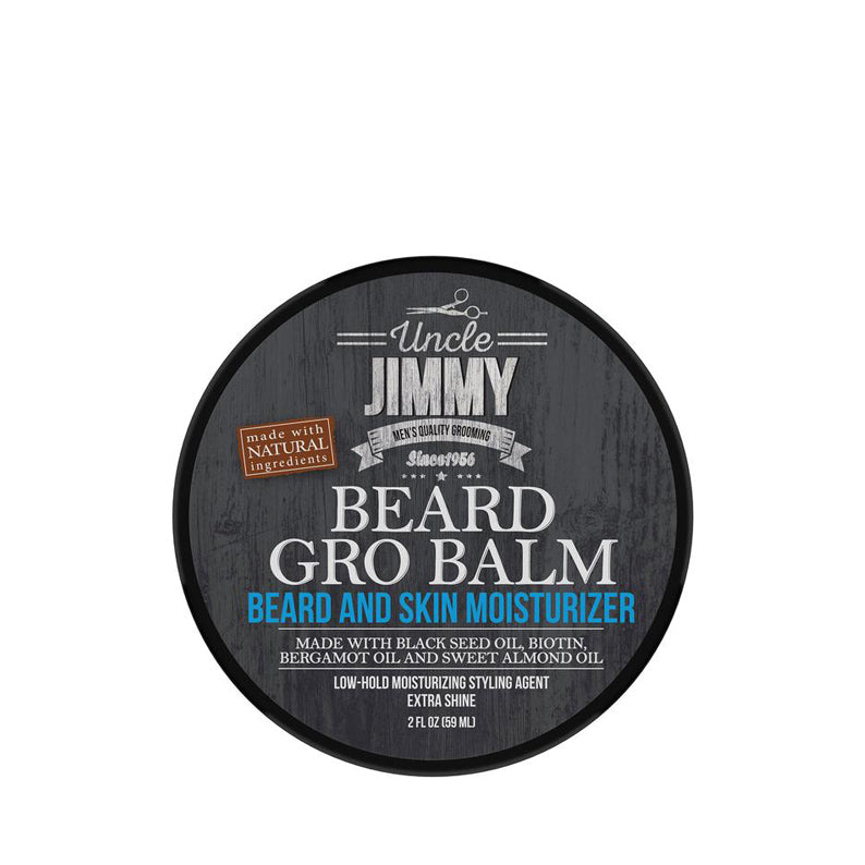 Uncle Jimmy Beard Gro Balm tin with black woodgrain label beard and skin moisturizer for grooming