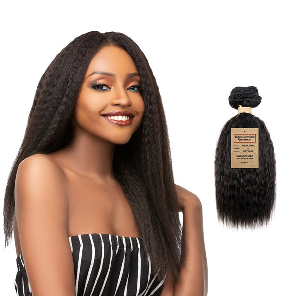 LAFLARE unprocessed Brazilian kinky hair shown on smiling woman and bundled hair product