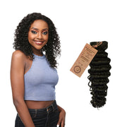LAFLARE unprocessed Brazilian virgin hair curly black hair extensions with woman wearing the hairstyle