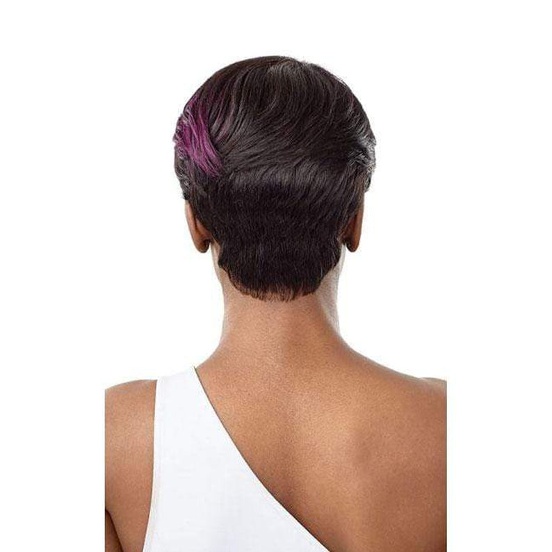 OUTRE short pixie wig back view sleek tapered nape with purple highlights 100% human hair full cap wig