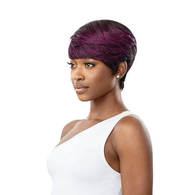 OUTRE 100% human hair full cap wig short pixie with deep purple highlights and side swept bangs