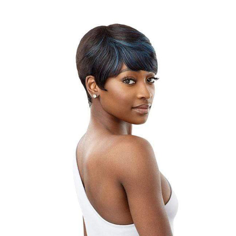OUTRE short pixie 100% human hair full cap wig in sleek black with side swept fringe on model