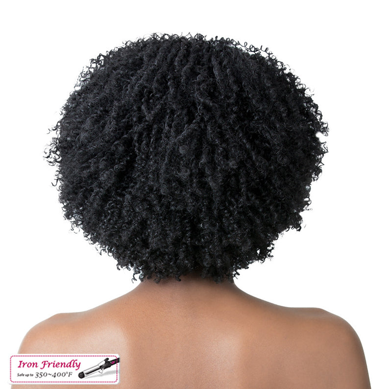 Back view of model wearing black short coily synthetic wig by ITS A WIG showing tight curls and natural texture