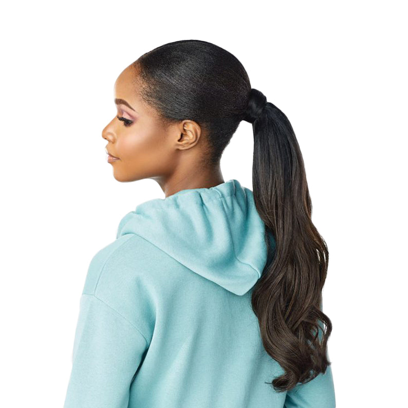 SENSATIONNEL synthetic ponytail wrap wig long wavy dark brown low ponytail on model wearing light blue hoodie