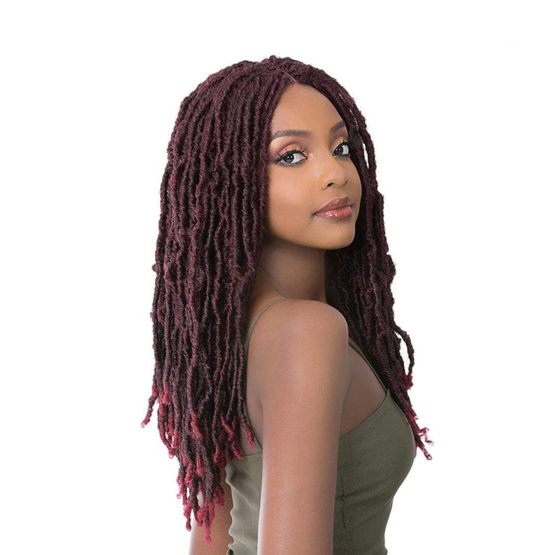 ITS A WIG natural locs wig 22 inch burgundy locs on model shoulder length textured style