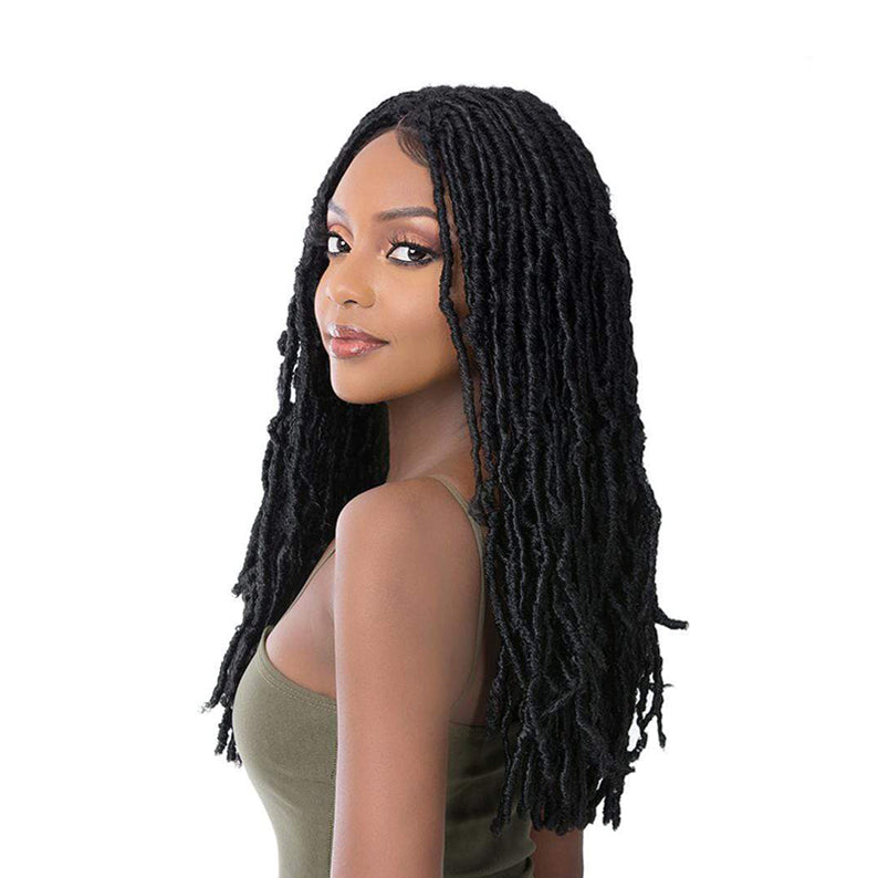 Black faux locs wig with center part on model soft texture and length natural locs wig 22 inch