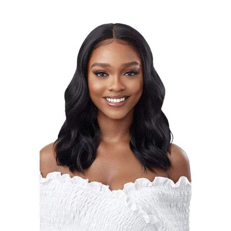 OUTRE 18 inch lace front wig synthetic black center part wavy bob with natural hairline on model