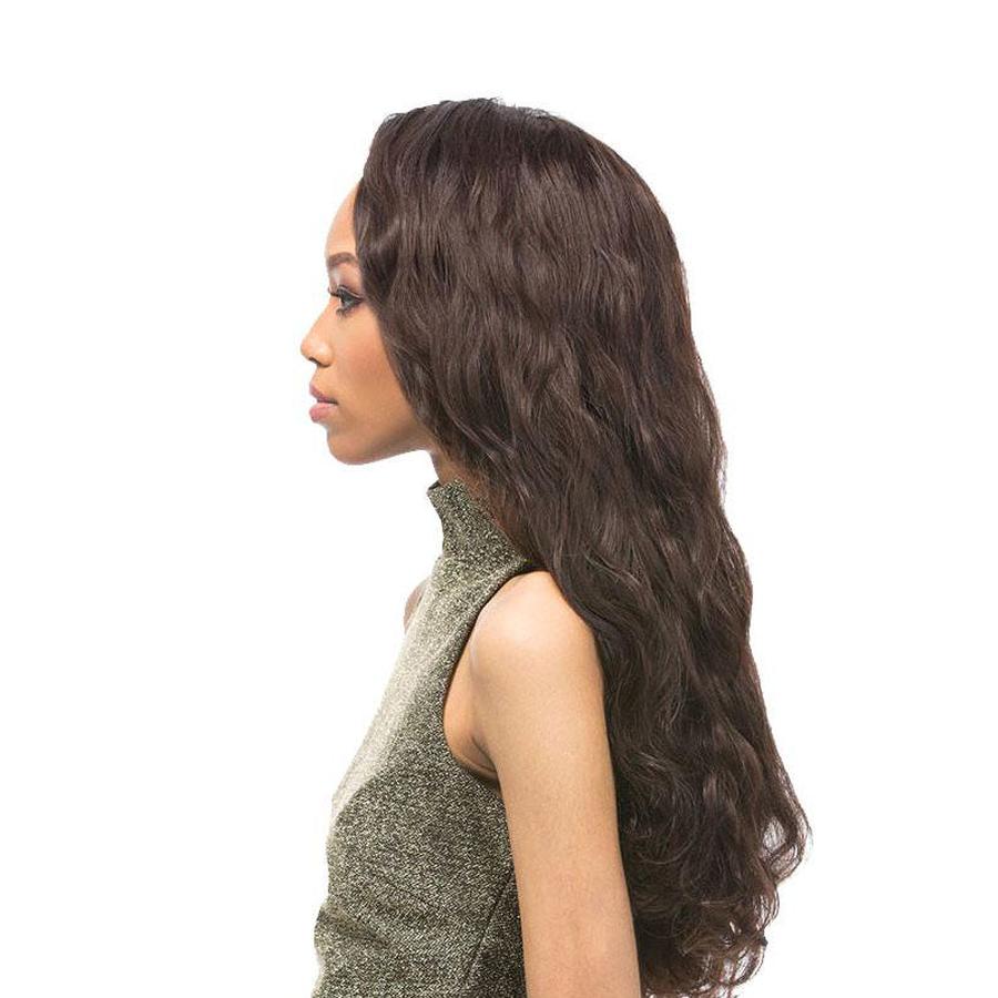 OUTRE Brazilian body wave human hair wig in natural dark brown shown on model side profile long flowing waves