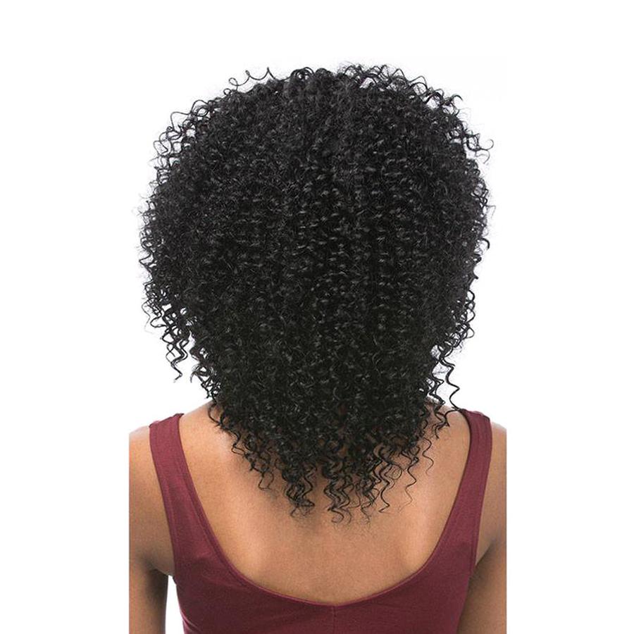 Back view of a curly hairstyle made with Velvet Brazilian Remi human hair for natural look and volume