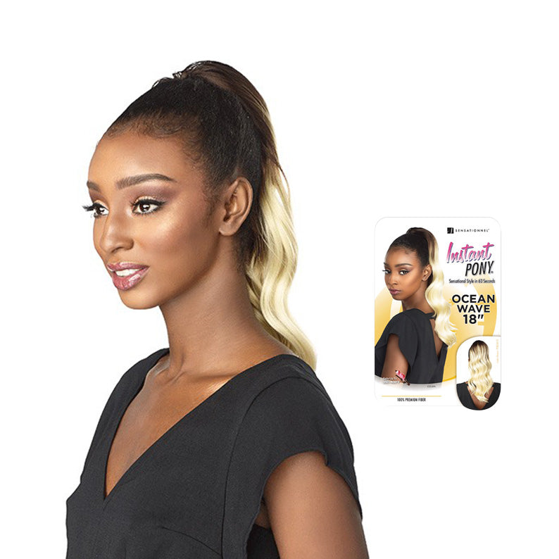 SENSATIONNEL ocean wave ponytail extension 18 inch in blonde worn by model with black top