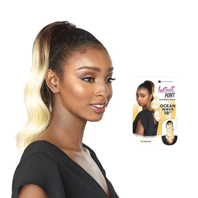 SENSATIONNEL ocean wave ponytail extension 18 inch in blonde modeled on woman with sleek ponytail