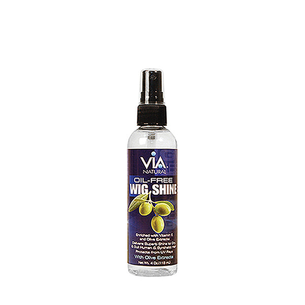 VIA NATURAL oil free wig shine spray in clear spray bottle with blue label and olive graphic for wigs