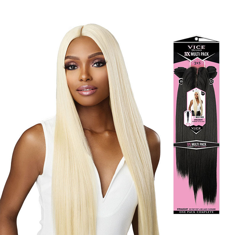 SENSATIONNEL model wearing long platinum blonde straight hair beside 3X multi straight hair bundles black packaging
